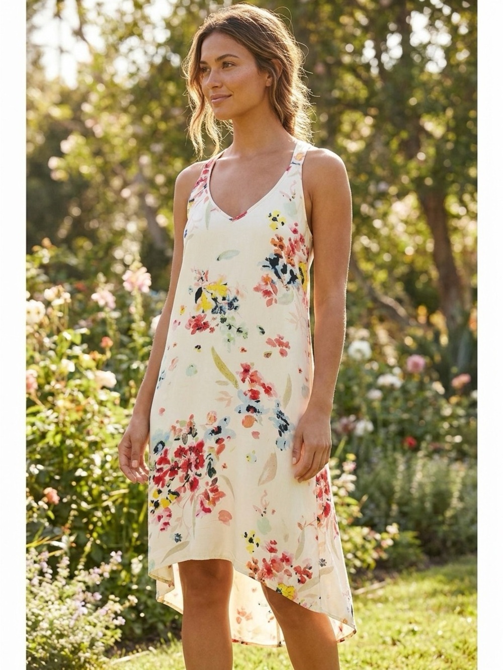 Floral V-Neck Sleeveless High Low Summer Dress in Cream with Multicolor Blooms